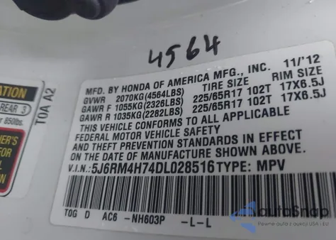 2013 Honda Cr-V Ex-L z USA, uszkodzony, nr VIN 5J6RM4H74DL028516